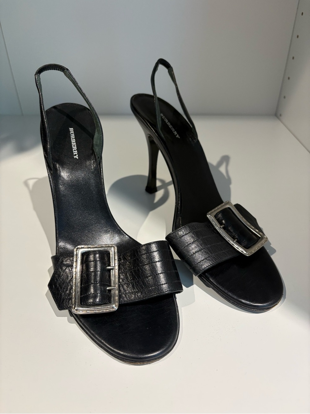 EUC Burberry black leather slingback heels with silver buckles